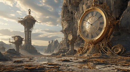 3D rendering of a fantasy alien landscape with a clock in the foreground - Powered by Adobe