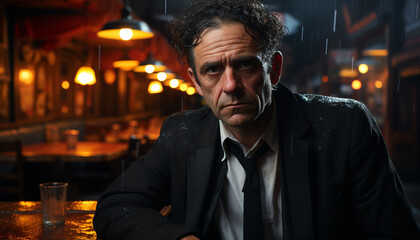 Fototapeta premium Lonely businessman sitting in a dark city bar generated by AI