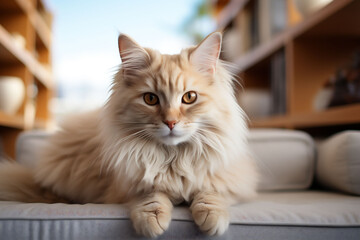 An amber-colored cat with captivating eyes rests on a soft couch, filling the frame with warmth. This cozy scene is perfect for home comfort and feline companion themes.
