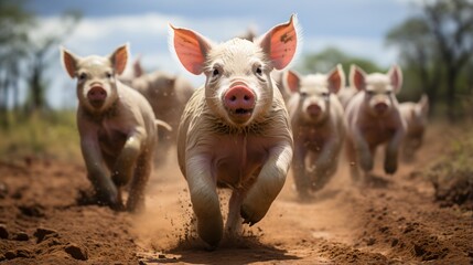 A group of happy pigs running in the field