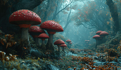 Fantasy landscape with red mushrooms in the forest