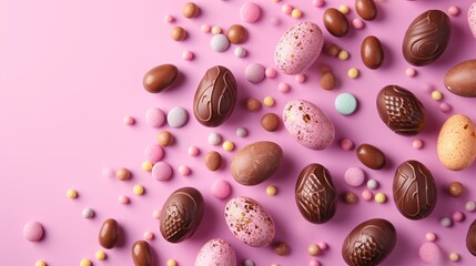 a wonderland of Easter delights with this enchanting flat lay. Chocolate eggs and jellybeans create a magical scene against a solid colored background