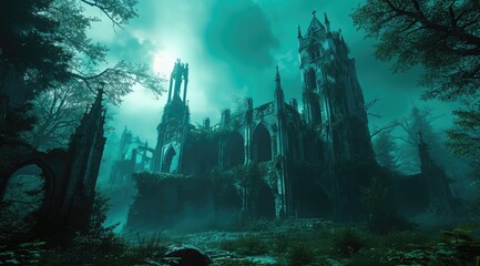 Fantasy image of a spooky church in the dark forest.
