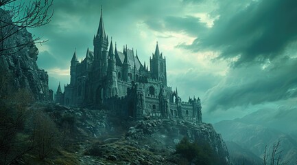 Mysterious castle in the mountains. Fantasy landscape