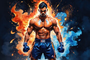 An asian Boxer with an assertive gaze against fiery and smoky surroundings.