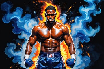 Fototapeta na wymiar Strength in focus: Muscular black boxer fighter looking straight ahead with flames and blue smoke.