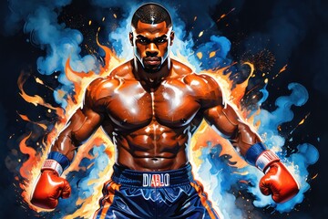 Fototapeta na wymiar Fiery determination: Muscular black boxer with a focused look against a backdrop of flames and smoke