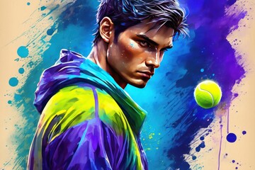 Illustration of an energetic tennis player in vibrant hues.