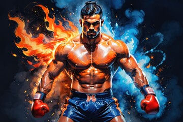 Fototapeta na wymiar Muscular latin boxer facing the camera amidst flames and blue smoke at the background.