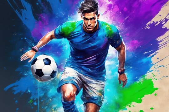 Color explosion: Soccer player depicted in a lively and vibrant paint splash style.