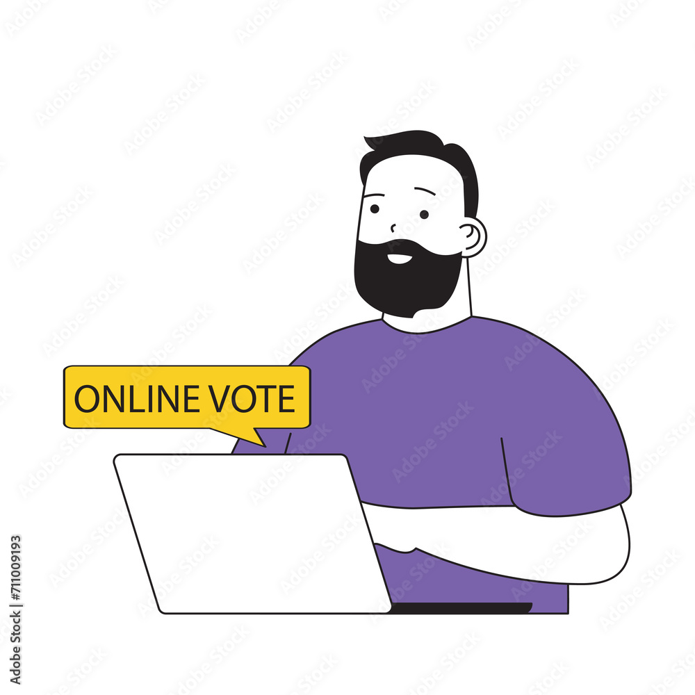 Poster online voting concept with cartoon people in flat design for web. man takes part in democratic vote 
