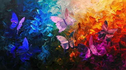 Abstract oil painting that captures the essence of butterflies. Vibrant colors and ethereal forms.