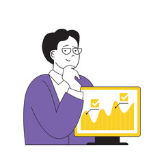 Online voting concept with cartoon people in flat design for web. Man takes part in democratic vote and analyzing exit poll data graph. Vector illustration for social media banner, marketing material.