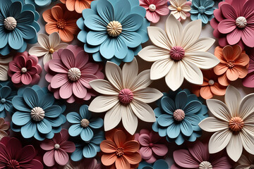 Background of multi-colored flowers cut out of paper. Generated by artificial intelligence