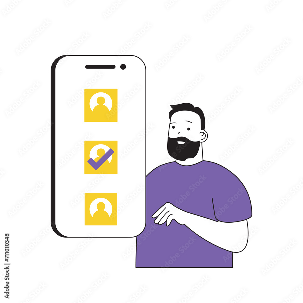 Poster online voting concept with cartoon people in flat design for web. man choosing his candidates in bal