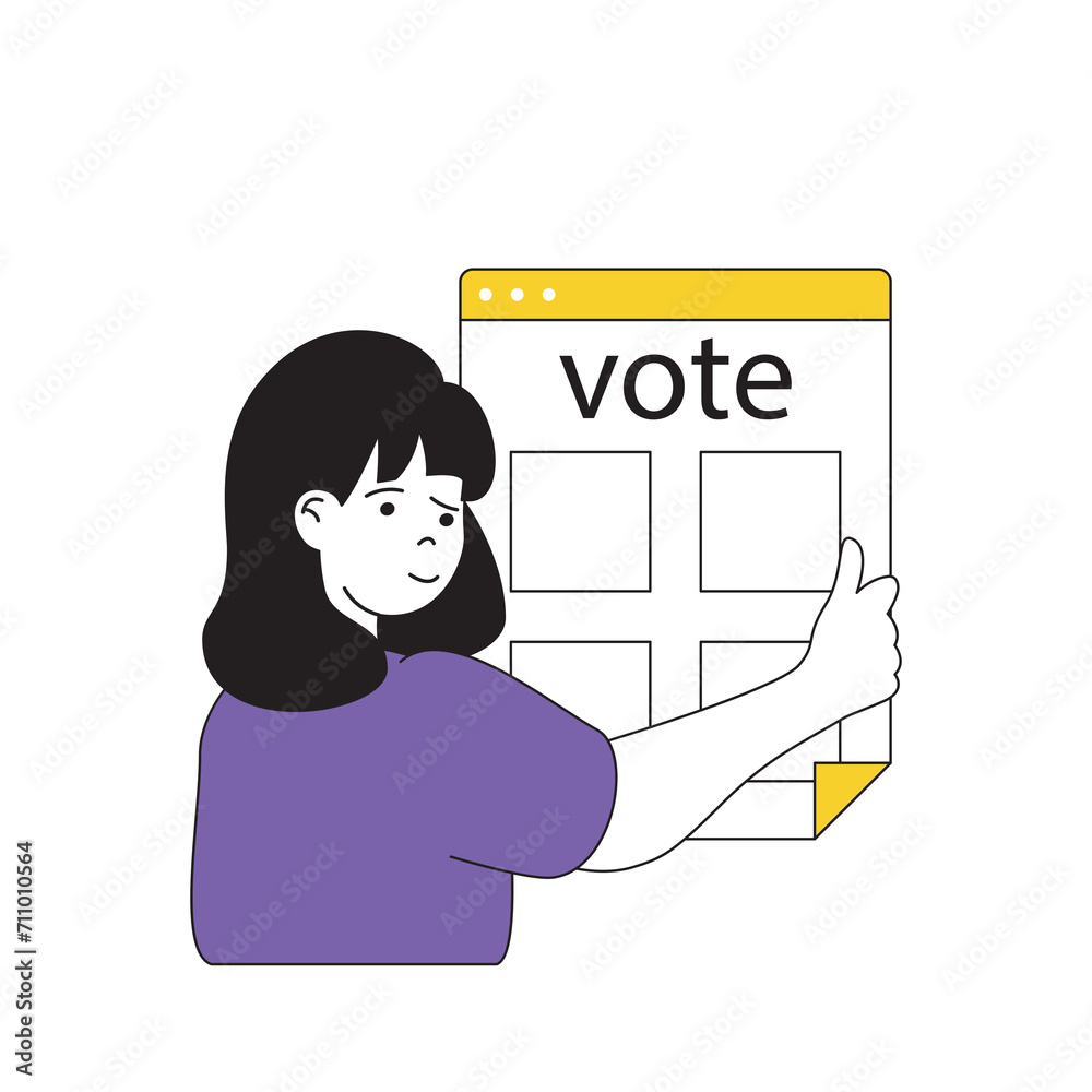 Poster online voting concept with cartoon people in flat design for web. woman takes part in election proce