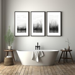 Fototapeta na wymiar Black and white nature landscape photography in bathroom