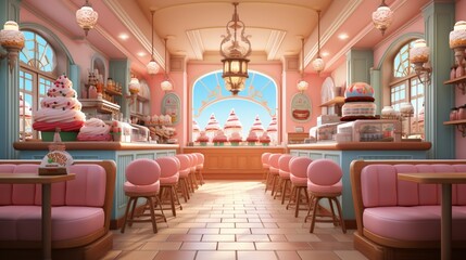 Fototapeta na wymiar Pink and blue retro diner interior with pink tufted chairs and large windows