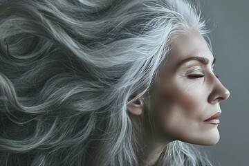 Obraz premium Woman with gray hair on a gray background