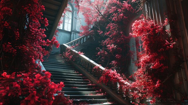 Staircase with red ivy in the old building