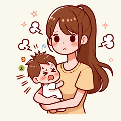 Vector mother holding cranky baby in arms