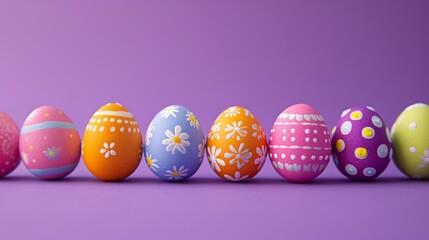 the delightful symmetry of a high-resolution photograph showcasing a line of exquisitely painted Easter eggs on a royal purple backdrop, the colors popping with precision and vibrancy.