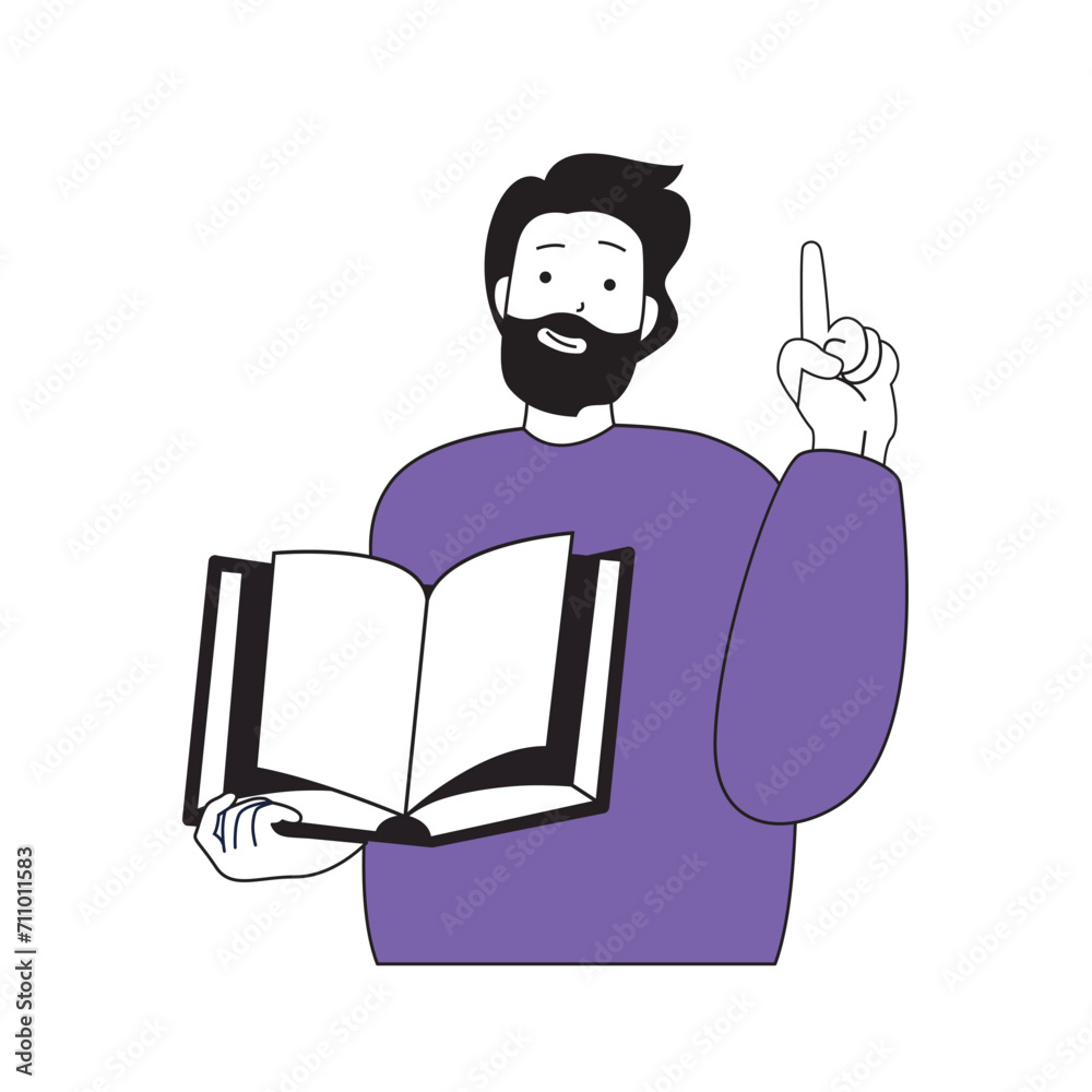 Aufkleber book reading concept with cartoon people in flat design for web. man holds open textbook at library,
