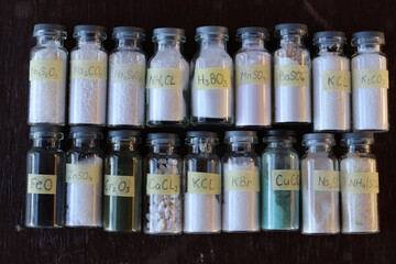 A considerable number of glass tubes with various crystalline inorganic substances - salts and oxides of various metals.