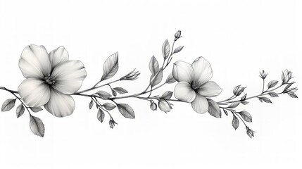 On white background, Design a floral branch with minimalist flowers. For logo and tatoo, wedding invitation. Hand-draw elegant line art flowers.  - obrazy, fototapety, plakaty