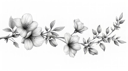 On white background, Design a floral branch with minimalist flowers. For logo and tatoo, wedding invitation. Hand-draw elegant line art flowers. 
