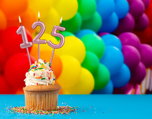 Birthday candle number 125 - Invitation card with balloons in colors of the gay pride march