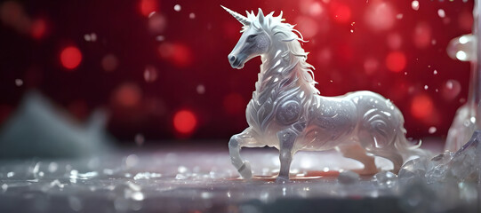 cristal unicorn, snow, red background, ai generated - obrazy, fototapety, plakaty