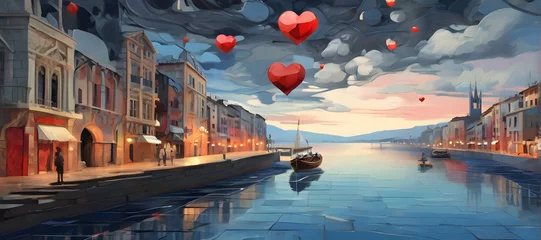 Fotobehang canal at sunset, heart ballons in a city, valentine's day, ai generated © VitorCosta