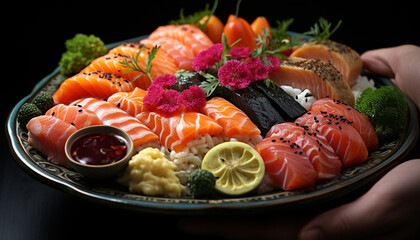 Fototapeta na wymiar Freshness and variety on a plate, seafood and sushi delight generated by AI