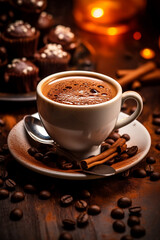 close up of a cup of coffee and coffee beans on a dark background