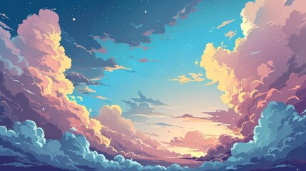 Fototapeta na wymiar Vector illustration of a beautiful sunset in the sky with clouds and stars