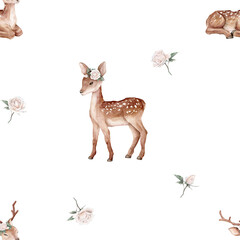 Seamless pattern watercolor deer and white roses. Spotted deer isolated on white background. Hand painted wild animal and flowers, leaves. template for fabric. Realistic animal for design and print