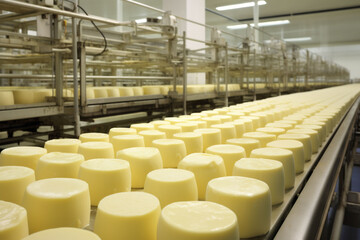 Rows of cheese wheels on an assembly line in a modern cheese factory, showcasing a clean and orderly process. The image represents large-scale food production and technological precision.