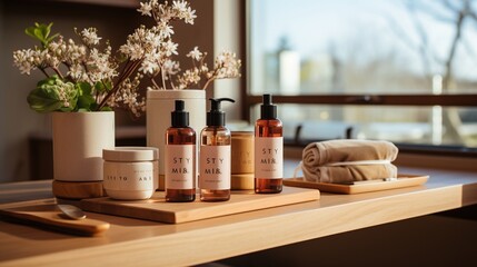 Bath products displayed on a wooden table - obrazy, fototapety, plakaty