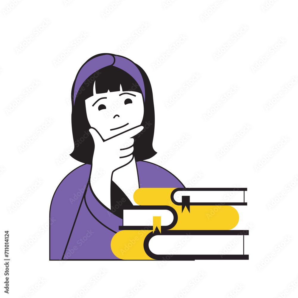 Poster book reading concept with cartoon people in flat design for web. woman with stacks of textbooks lear