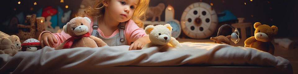 little happy girl is playing with soft toys - obrazy, fototapety, plakaty