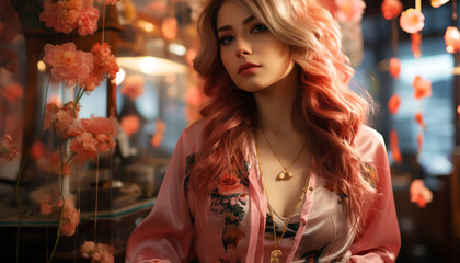 Obraz premium A beautiful young woman with blond hair smiles at the camera generated by AI