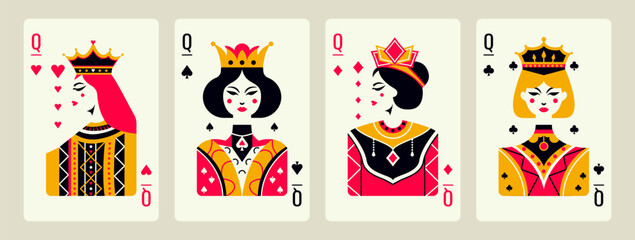 Queens of hearts, diamonds, clubs, spades cartoon style. Abstract modern posters template, poker concept. Vector flat design - obrazy, fototapety, plakaty