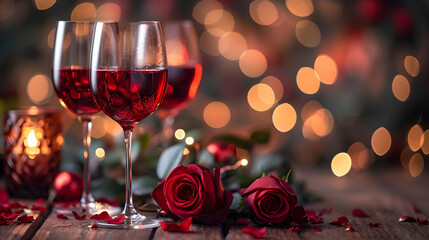 glasses wine, bloomed red rose, romantic themes of love