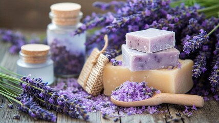 Fototapeta na wymiar lavender soap on the counter of a private shop. An ecological cosmetic product for skin care and treatment
