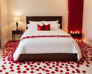 Romantic Bedroom with Rose Petals on Floor