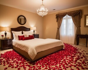 Romantic Bedroom with Rose Petals on Floor