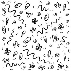Floral and abstract elements like ink doodles painted with black brush, simple seamless natural pattern for minimalistic design 