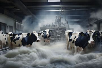 Cows in a surreal industrial milking facility with a milk flood, evoking a fantasy or conceptual art piece about dairy production. Could be used for creative or critical food industry commentary. - obrazy, fototapety, plakaty