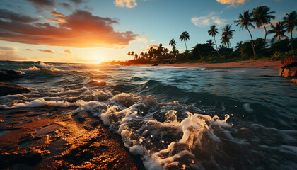 Sunset over the tropical coastline, waves crashing on sandy shores generated by AI - obrazy, fototapety, plakaty